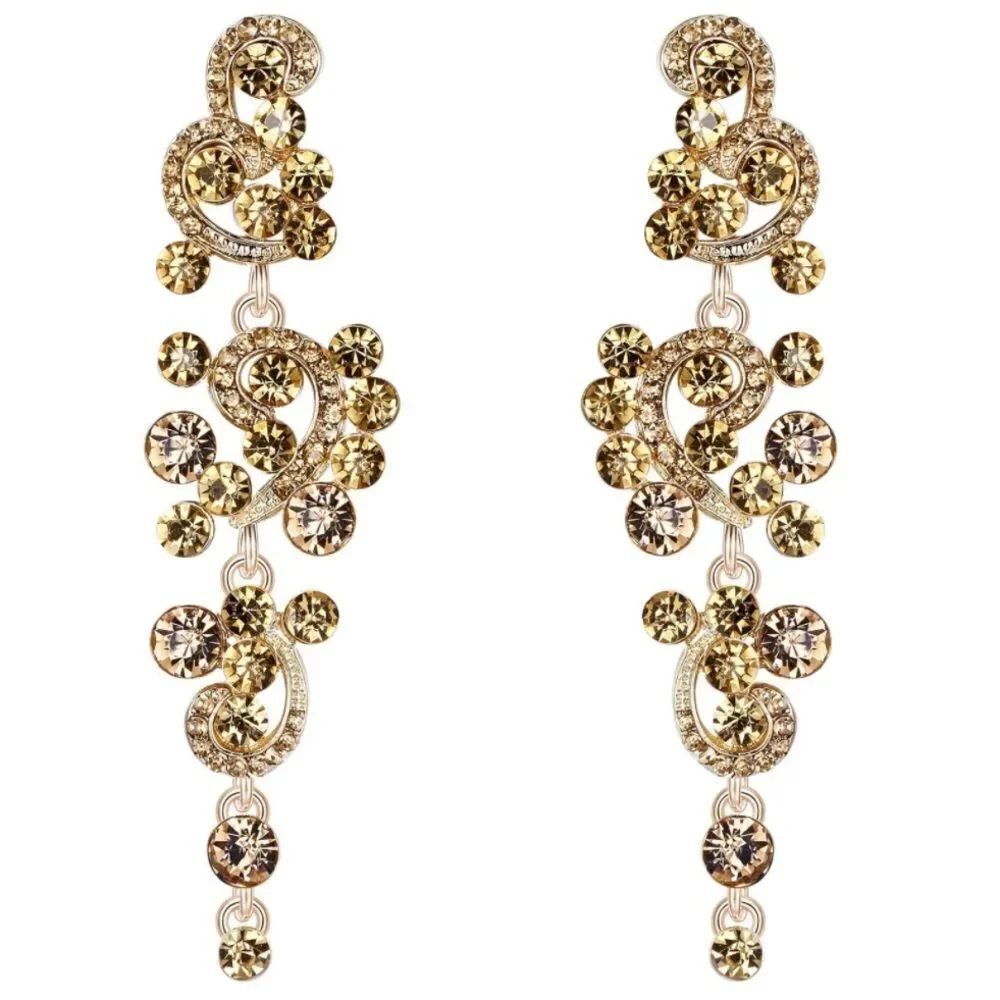 Yellow Gold with Champagne Topaz Austrian Crystal Chandelier Post Back Earrings